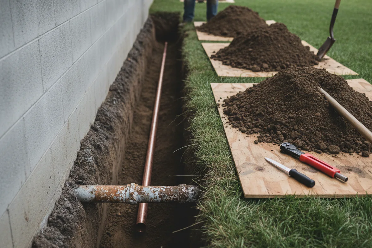Excavated water line trench during Water Heater Repair in Hallandale
